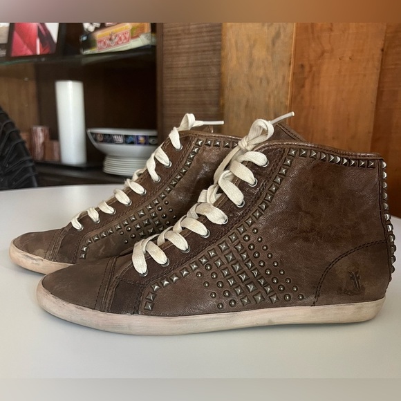 Frye Kira Biker Brown Leather High-Top Sneakers - Picture 2 of 6